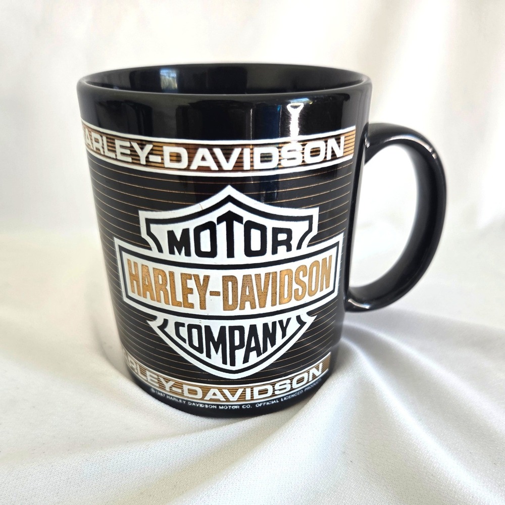 Vintage 1987 Harley Davidson Duo Glide 1958 Coffee Mug Black Gold Logo 3.75in